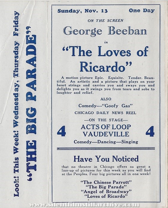 Peoples Theatre program, November 7, 1927, Chicago, Illinois