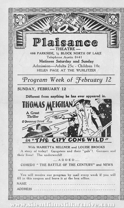 Plaisance Theatre program, February 12, 1928, Chicago, Illinois