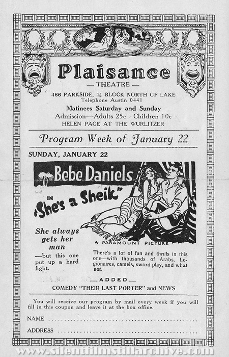 Plaisance Theatre program, January 22, 1928, Chicago, Illinois