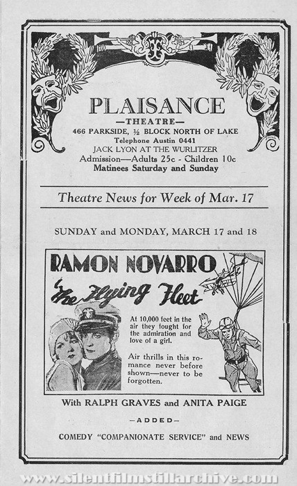 Plaisance Theatre program, March 17, 1929, Chicago, Illinois