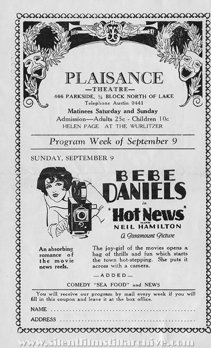 Plaisance Theatre program, September 9, 1928, Chicago, Illinois