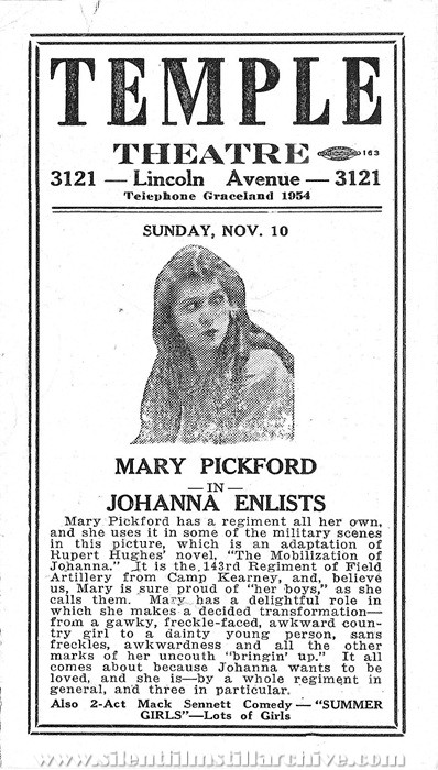 Program from the Temple Theatre in Chicago, Illinois for November 10, 1918 featuring JOHANNA ENLISTS