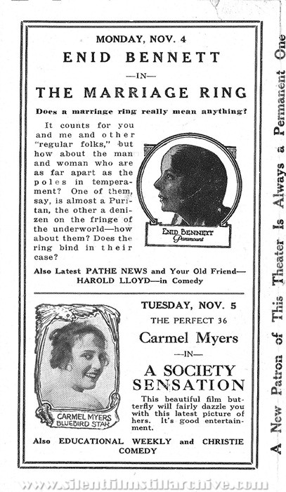 Program from the Temple Theatre in Chicago, Illinois for November 10, 1918 featuring THE MARRIAGE RING