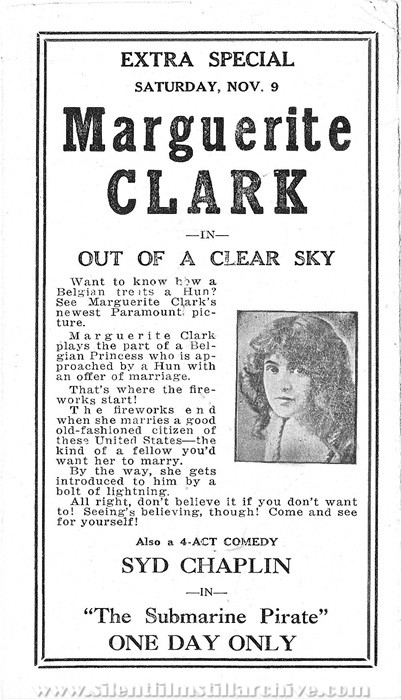 Program from the Temple Theatre in Chicago, Illinois for November 10, 1918 featuring OUT OF A CLEAR SKY