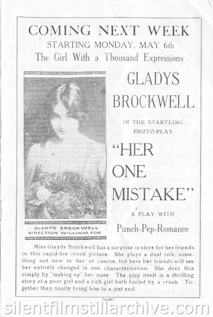 Miles Theatre program for April 29, 1918 featuring Gladys Brockwell in "Her One Mistake".