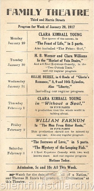 Family Theatre, possibly in Harrisburg, Pennsylvania, program for the week of January 29, 1917.