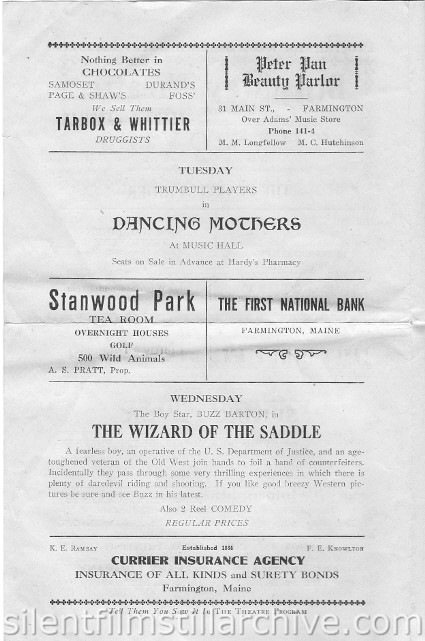 Farmington, Maine Broadway Theatre, July 23, 1928 program