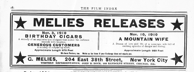 Film Index, November 5, 1910 ad for the Méliès film A MOUNTAIN WIFE, BIRTHDAY CIGARS and GENEROUS CUSTOMERS