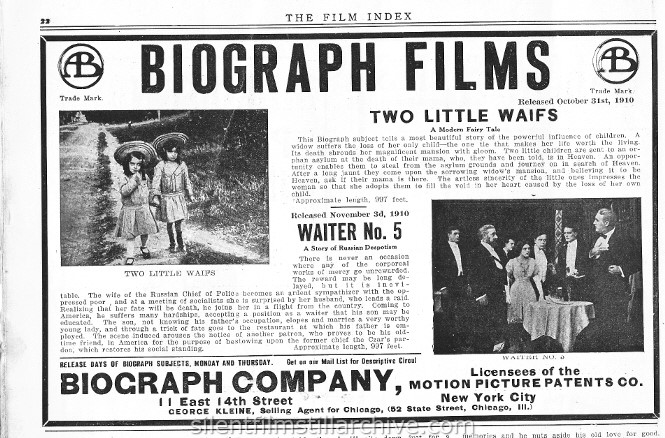 Film Index, November 5, 1910 ad for the Biograph film WAITER, NO. 5