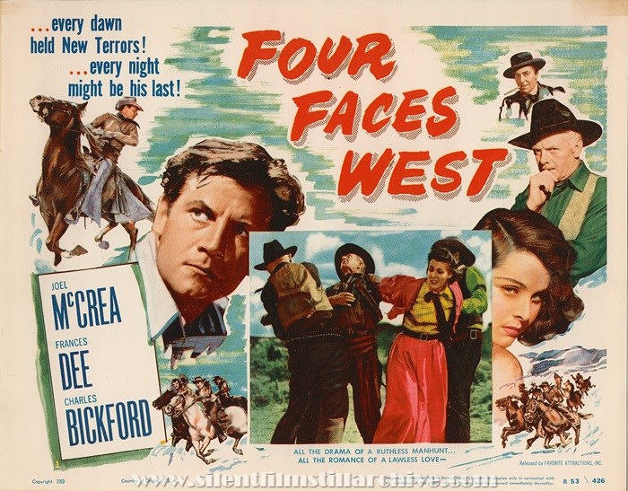 Lobby card for FOUR FACES WEST (1948) with Joel McCrea, Frances Dee, Charles Bickford, and Joseph Calleia
