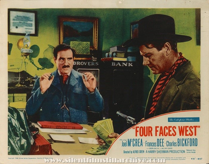Lobby card for FOUR FACES WEST (1948) with John Parrish and Joel McCrea