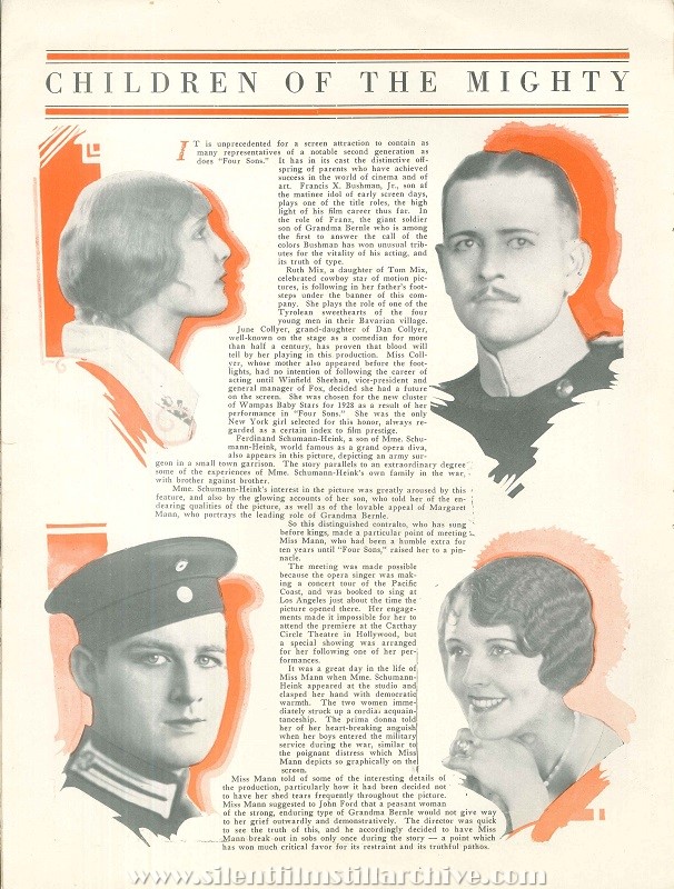 Movie program for FOUR SONS (1928) with Margaret Mann, James Hall, and June Collyer