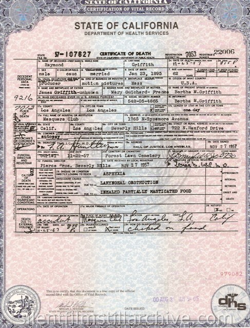 Raymond Griffith death certificate