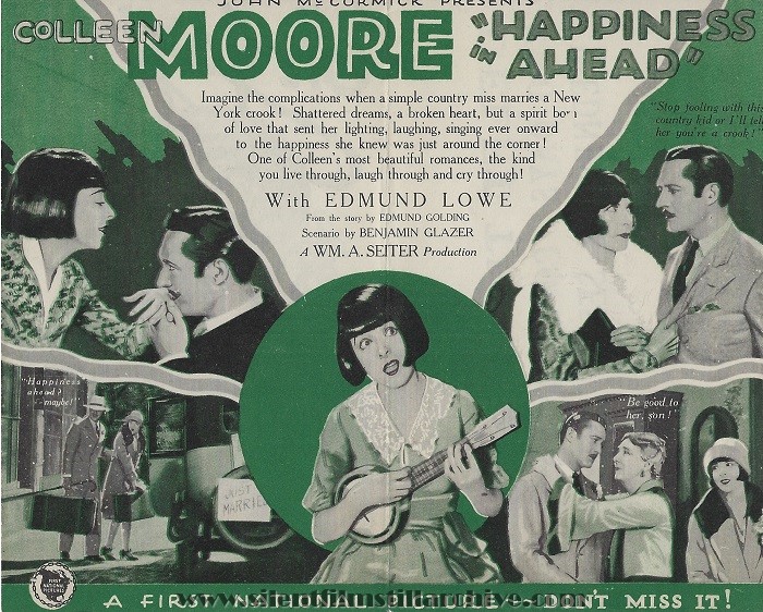 Herald for HAPPINESS AHEAD (1928) with Colleen Moore and Edmund Lowe at the Delft Theatre