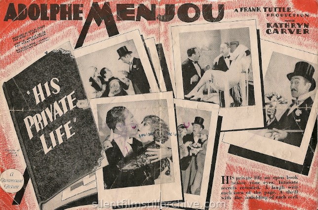 Advertising Herald for HIS PRIVATE LIFE (1928) with Adolphe Menjou.