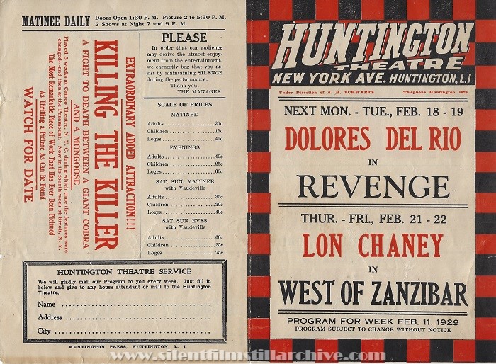 Huntington, New York Huntington Theatre program, February 11, 1929