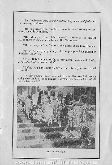INTOLERANCE (1916) program from the Pitt Theatre, Pittsburgh