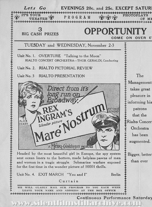 Jamaica, New York, Rialto Theatre program for October 31, 1926 showing MARE NOSTRUM (1926) with Leatrice Joy