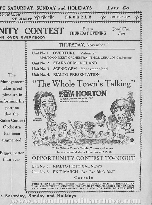 Jamaica, New York, Rialto Theatre program for October 31, 1926 showing THE WHOLE TOWN'S TALKING (1926) with Edward Everett Horton