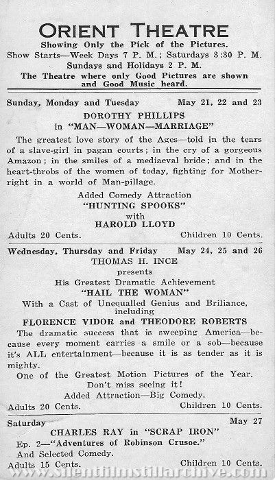 Oriental Theatre program, May 21, 1922, Jersey City, New Jersey
