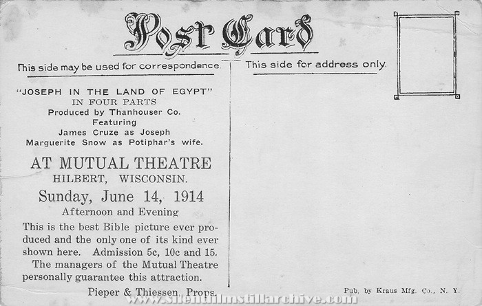 Postcard for JOSEPH IN THE LAND OF EGYPT (1914) showing at the Mutual Theatre in Hilbert, Wisconsin