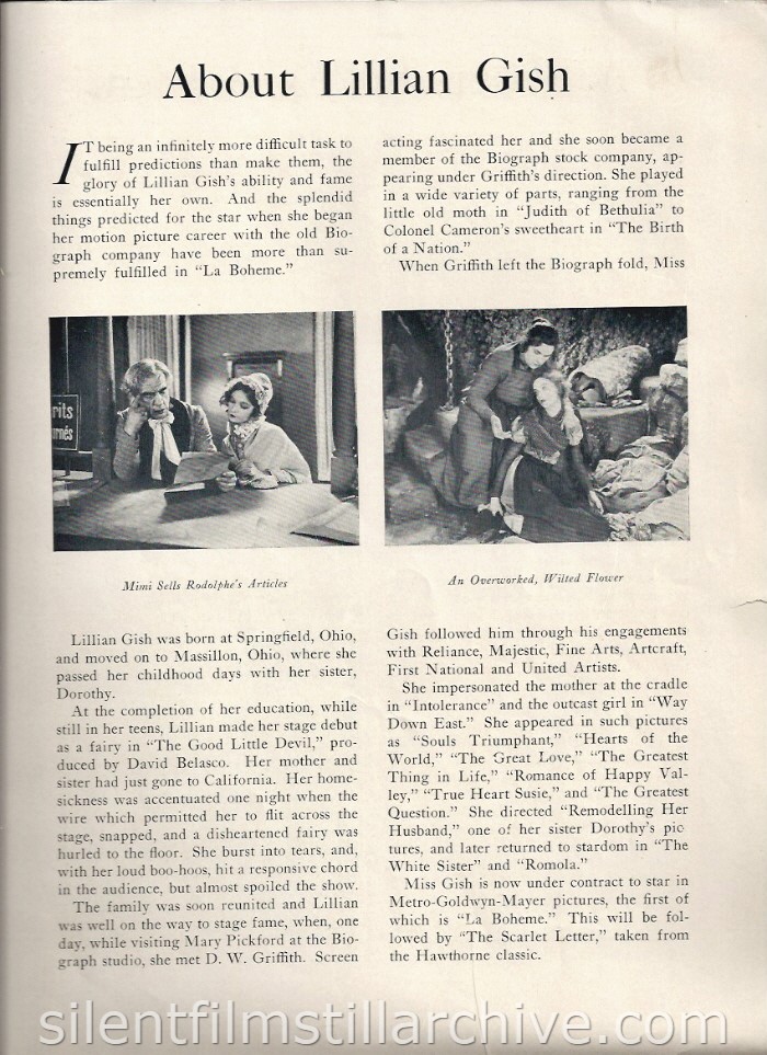 LA BOHEME (1926) Theater program with Lillian Gish