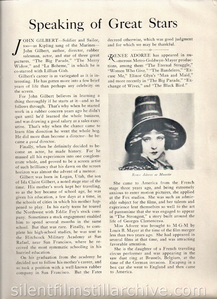 LA BOHEME (1926) Theater program with John Gilbert and Renée Adorée.