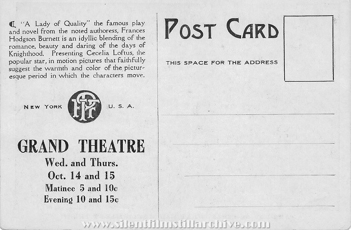 Postcard for A LADY OF QUALITY (1913) with Cecilia Loftus