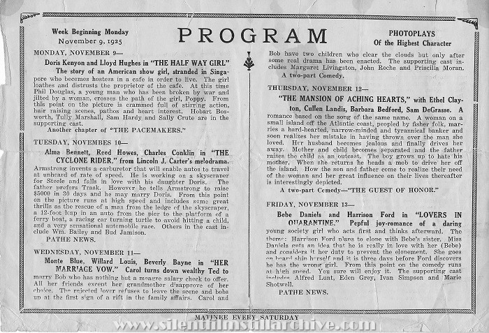 Lake Placid, New York, Happy Hour Theatre program from November 9, 1925