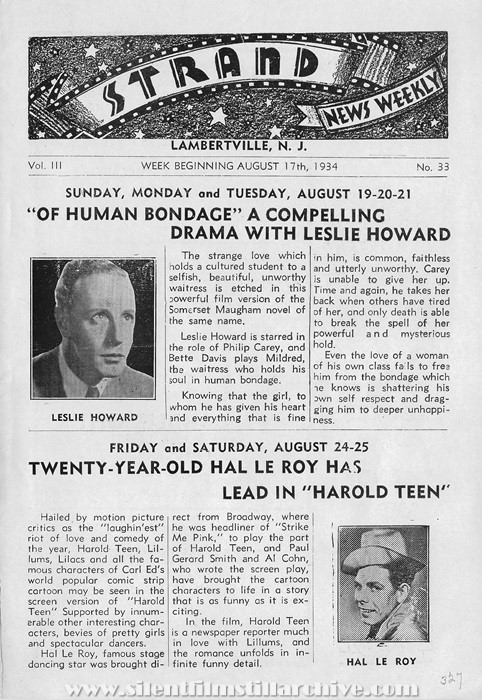 The Strand, Lambertville, New Jersey, Theatre program, August 17th, 1934