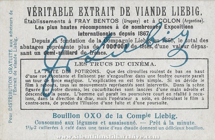 Liebig Tricks of Cinema advertising card for LA COURSE AUX POTIRONS [The Pumpkin Race] (1908)