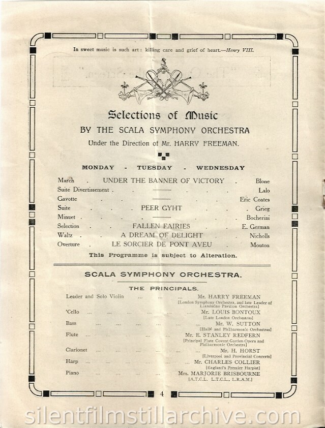 Scala Super Cinema program, Liverpool, England, December 31, 1917 featuring the Scala Symphone Orchestra