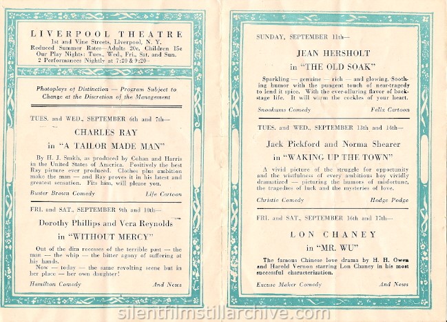 Liverpool, New York Theater program, September 6, 1927