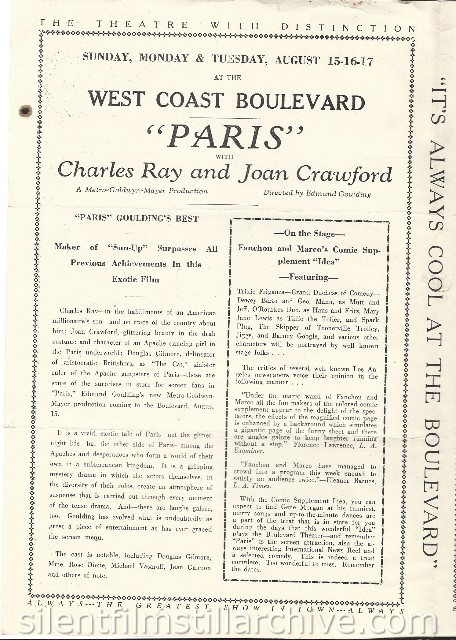 Los Angeles Boulevard Theatre program featuring PARIS (1926) with Charles Ray and Joan Crawford
