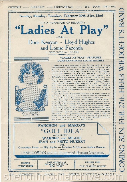 Los Angeles Boulevard Theatre program featuring LADIES AT PLAY (1926) with Doris Kenyon