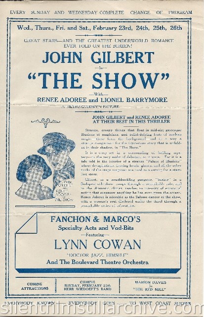 Los Angeles Boulevard Theatre program featuring THE  SHOW with John Gilbert and Renee Adoree