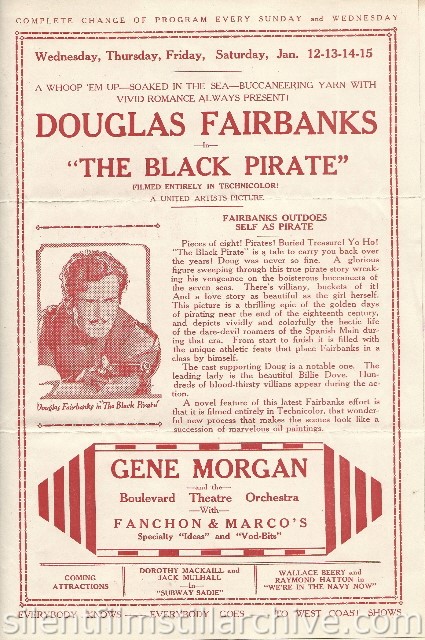 Los Angeles Boulevard Theatre program featuring THE BLACK PIRATE with Douglas Fairbanks and Billie Dove