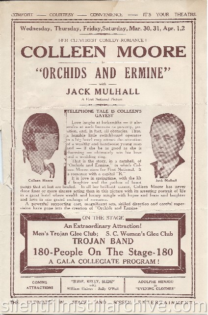 Los Angeles Boulevard Theatre program featuring ORCHIDS AND ERMINE (1927) with Colleen Moore and Jack Mulhall