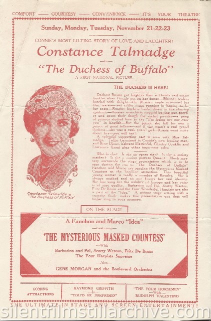 Los Angeles Boulevard Theatre program featuring THE DUCHESS OF BUFFALO (1926) with Constance Talmadge