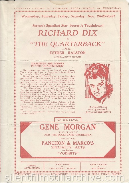 Los Angeles Boulevard Theatre program featuring THE QUARTERBACK (1926) with Richard Dix