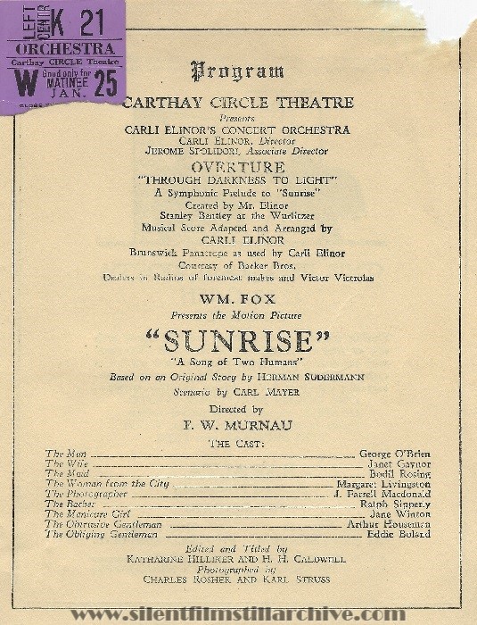 Los Angeles Carthay Circle Theatre program featuring SUNRISE (1927) with Janet Gaynor and George O'Brien