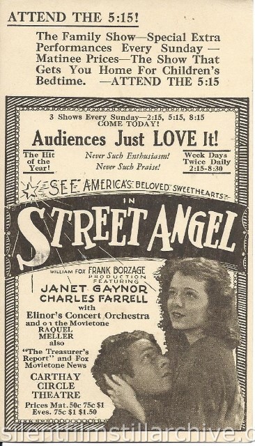 Carthay Circle Theatre, Los Angeles, California, advertising postcard for STREET ANGEL (1928) with Janet Gaynor and Charles Farrell