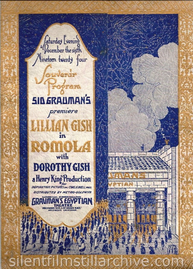 ROMOLA (1924) program from the premier at Grauman's Egyptian Theater in Los Angeles