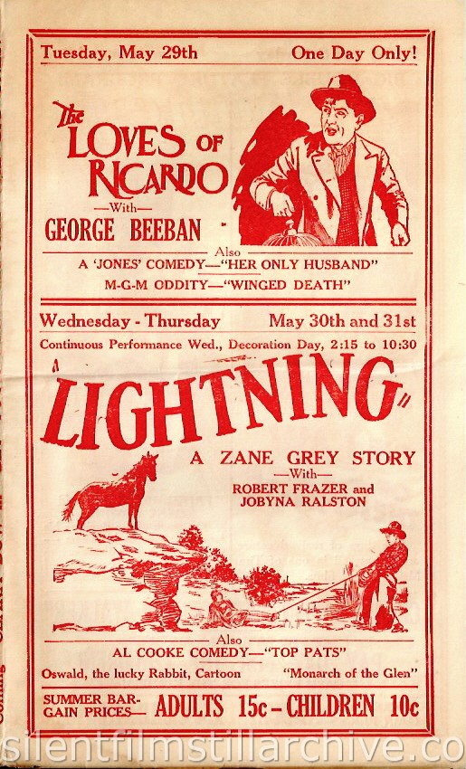 Lincoln Theater program, Los Angeles, California, for the week of May 27, 1928, featuring George Beban in THE LOVES OF RICARDO and LIGHTNING