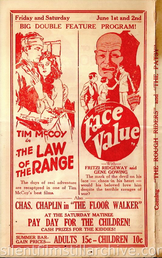 Lincoln Theater program, Los Angeles, California, for the week of May 27, 1928 featuring Tim McCoy in THE LAW OF THE RANGE and FACE VALUE