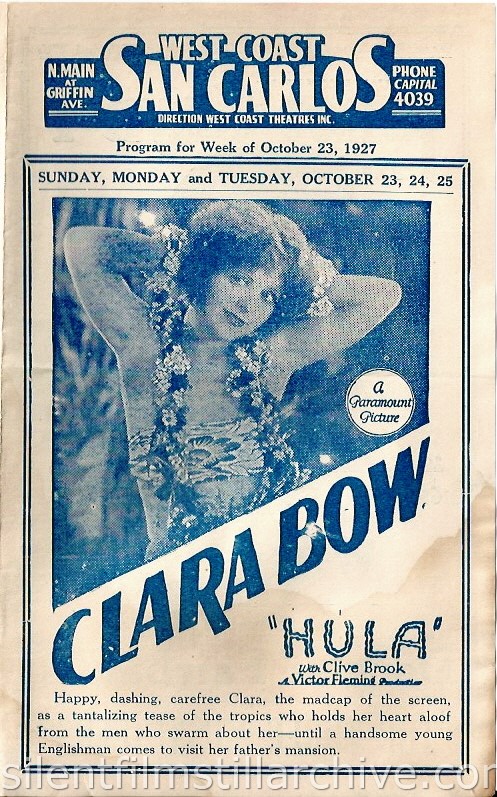 Los Angeles, California, San Carlos Theatre program for the week of October 23, 1927, featuring Clara Bow in HULA (1927).