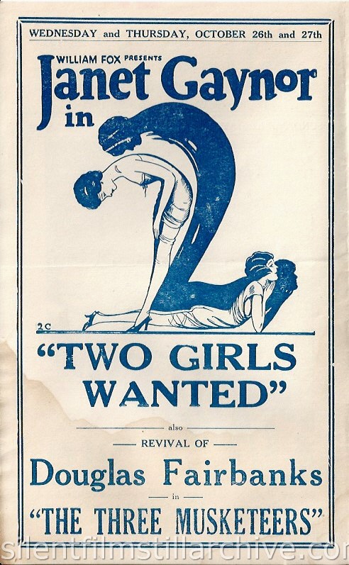 Los Angeles, California, San Carlos Theatre program for the week of October 23, 1927, featuring Janet Gaynor in TWO GIRLS WANTED.