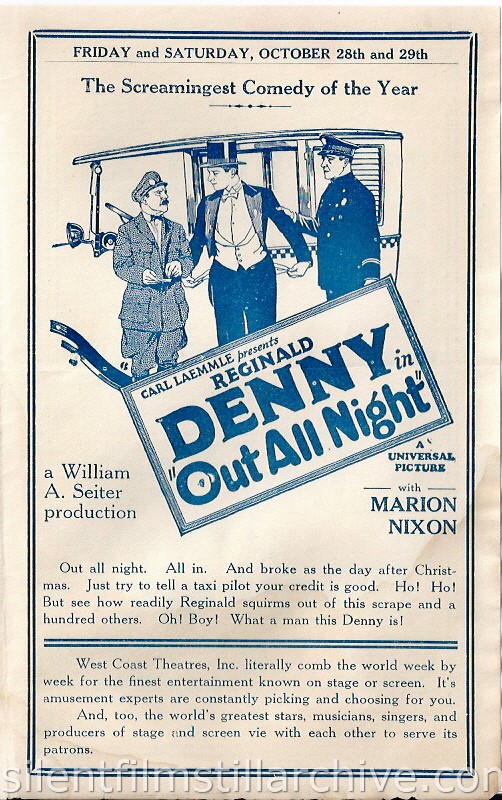 Los Angeles, California, San Carlos Theatre program for the week of October 23, 1927, featuring Reginald Denny in OUT ALL NIGHT.