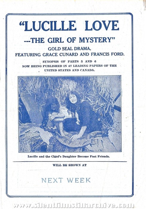 Herald for LUCILLE LOVE: THE GIRL OF MYSTERY (1914) with Grace Cunard