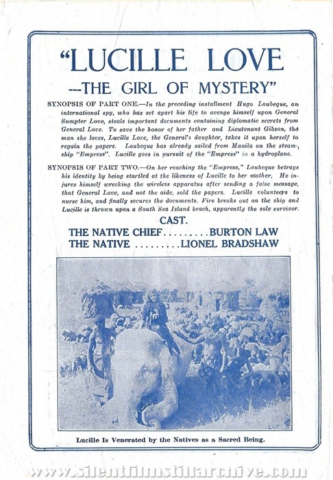 Herald for LUCILLE LOVE: THE GIRL OF MYSTERY (1914) with Grace Cunard